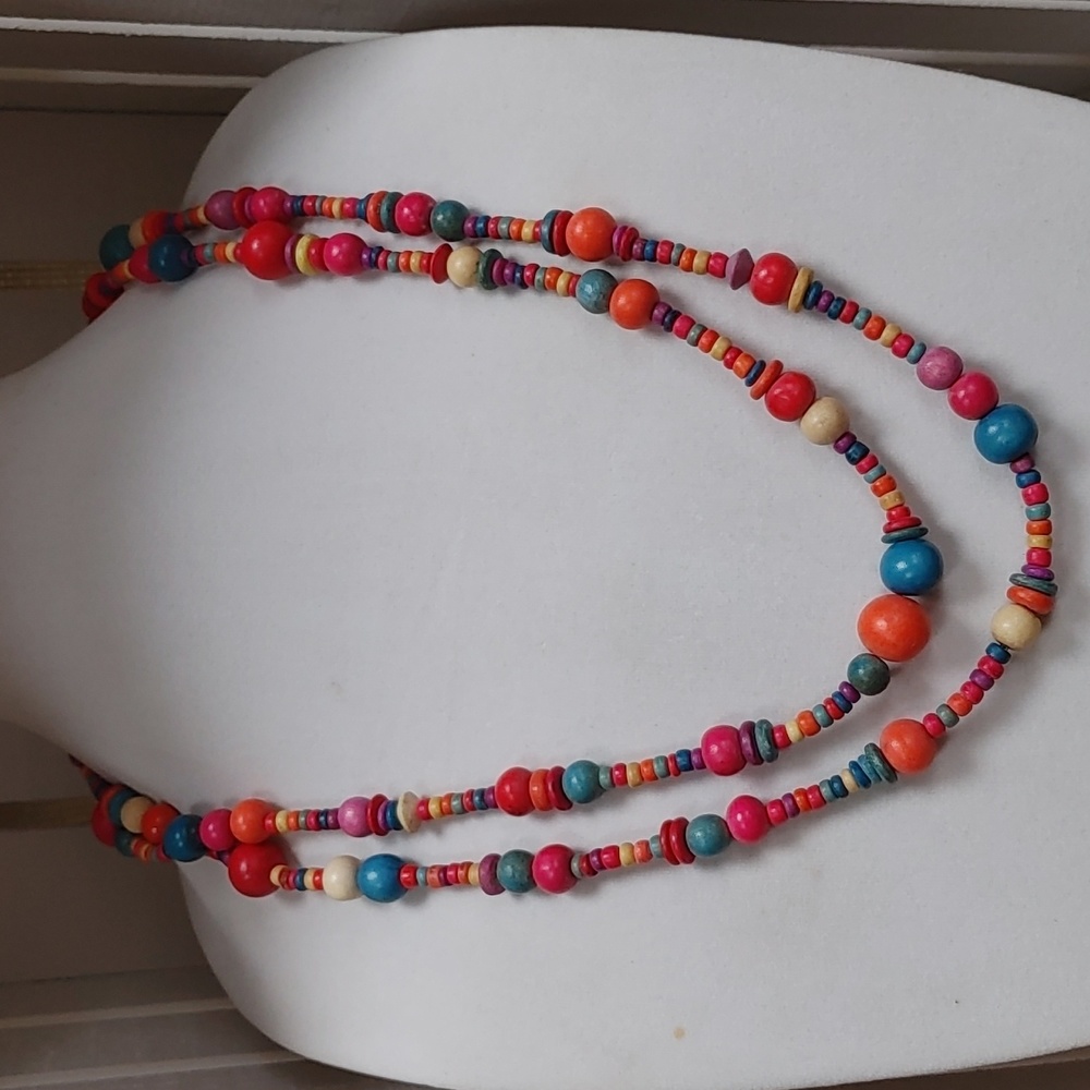 Multicolored Wood Bead Long Necklace